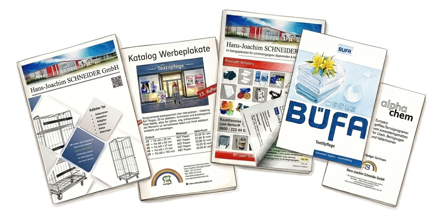Geöffneter Produktkatalog mit markierten Seiten für Fachartikel der Textilpflegebranche